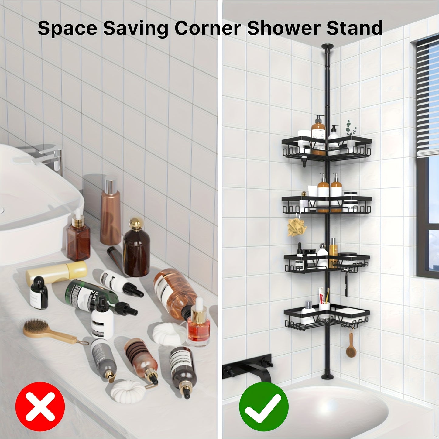 Un robusto e alto ripiano angolare per il bagno, un ripiano angolare regolabile per la doccia che non richiede foratura, dotato di un rack portaoggetti nero a 4 ripiani resistente alla ruggine, ideale per organizzare le aree angolari della doccia - Perfet