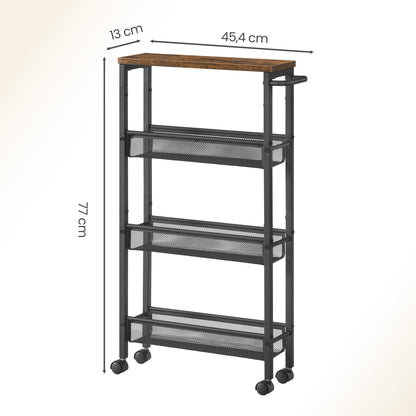 Carrello multiuso con rotelle, design sottile, si inserisce perfettamente negli spazi della cucina. Adatto per l'uso vicino alle cappe aspiranti, nei bagni e accanto ai frigoriferi.