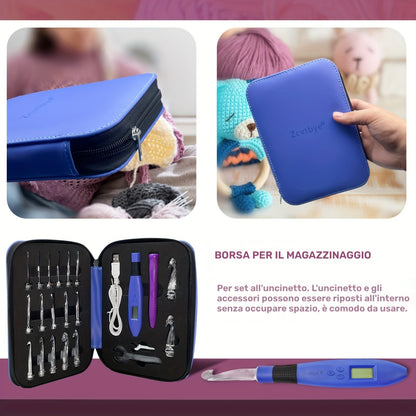 Kit per Uncinetti da 18 in 1 con Contatore e Luce LED, Chiave Grande/Piccola, Manico di Ricambio e Borsa Portautensili, Ideale per Maglia a Uncinetto e Aro