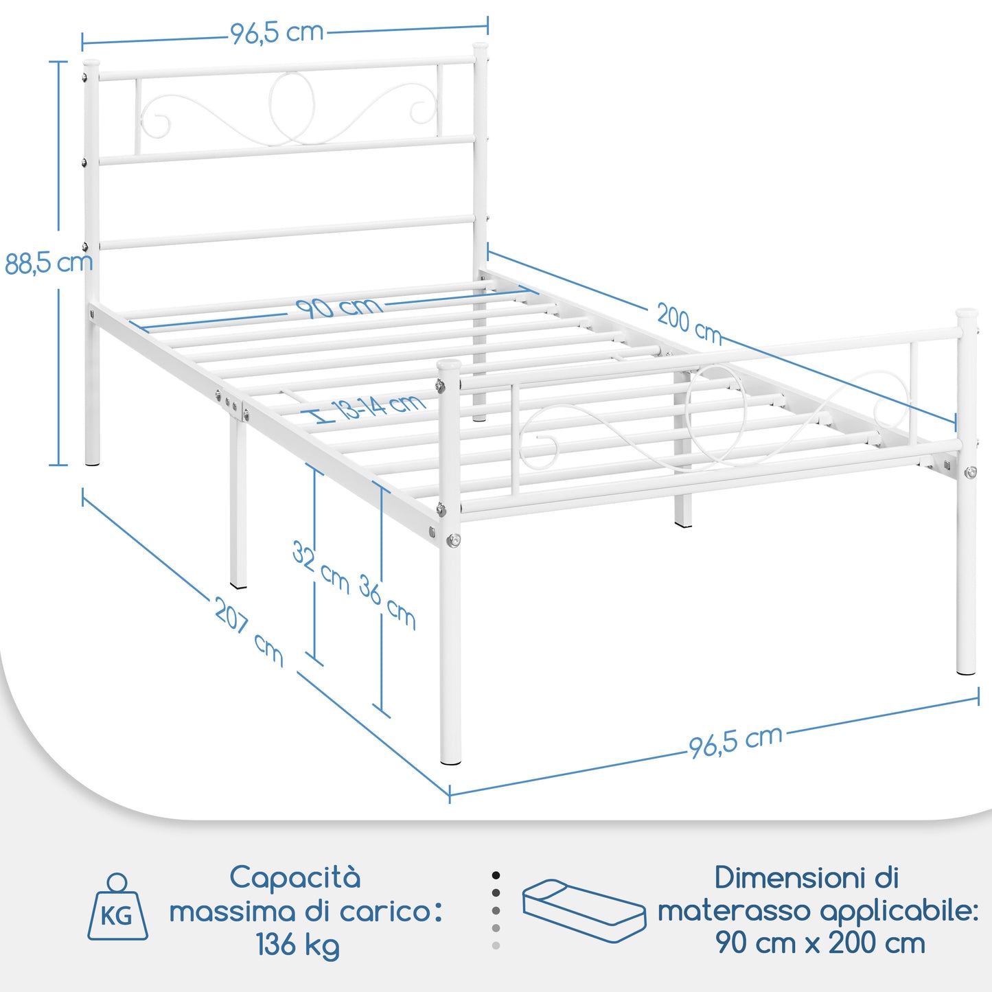 Costoffs Struttura Letto Stile Rustico Moderno in Metallo con Testiera Elegante e Pediera per Appartamento Camera da Letto Stanza degli Ospiti Studio