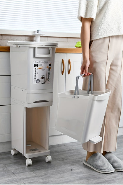 Pattumiera stretta da cucina da 32L con coperchio, raccolta differenziata con divisorio o doppi contenitori interni, a pedale per separazione di rifiuti asciutti e umidi, contenitore per rifiuti in plastica salvaspazio per cucina e bagno