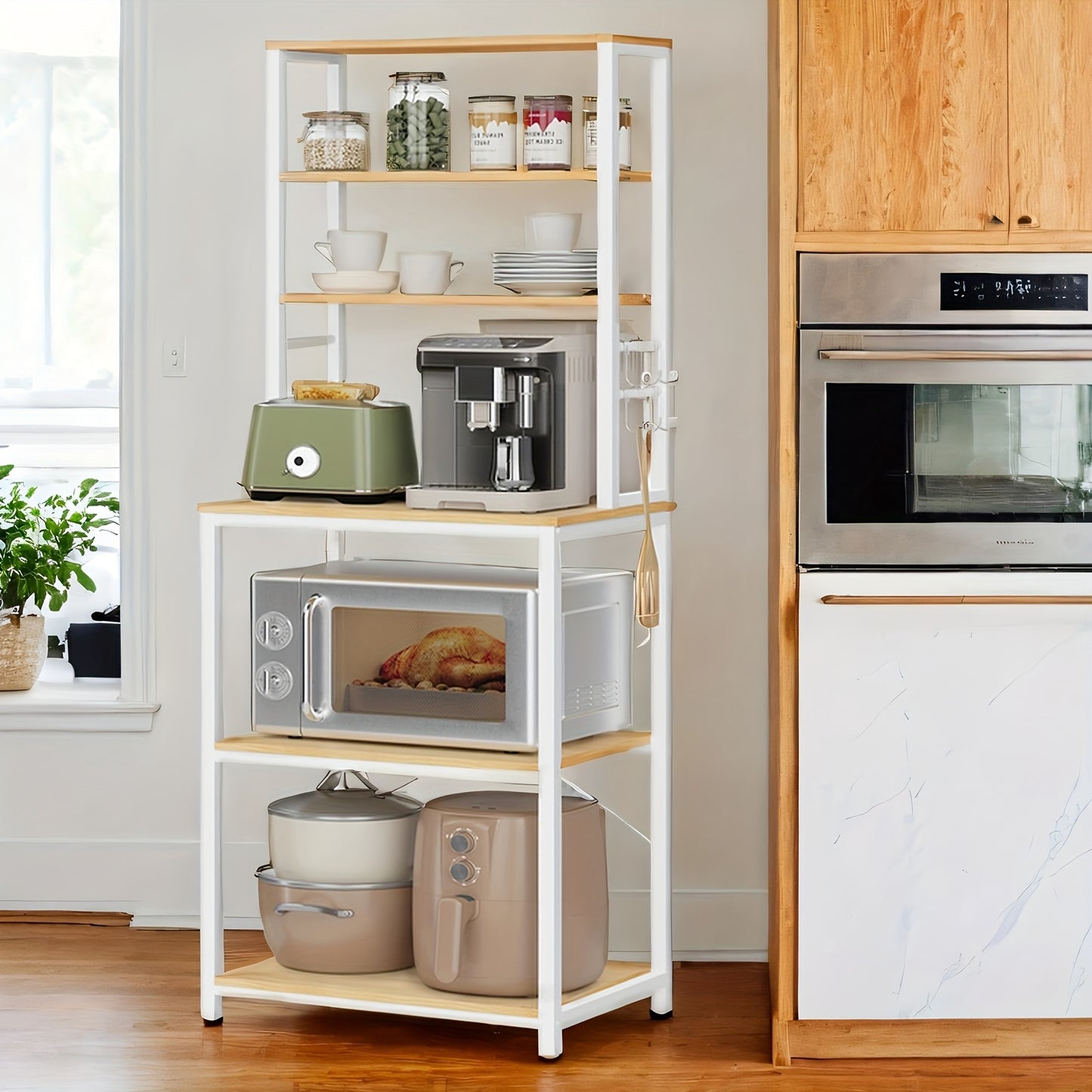 Scaffale da Cucina, Bar Caffè, Scaffale da Forno, Totale 6 Ripiani e 6 Ganci, per Microonde, Telaio in Acciaio, Industriale, 40 X 60 X 167 Cm