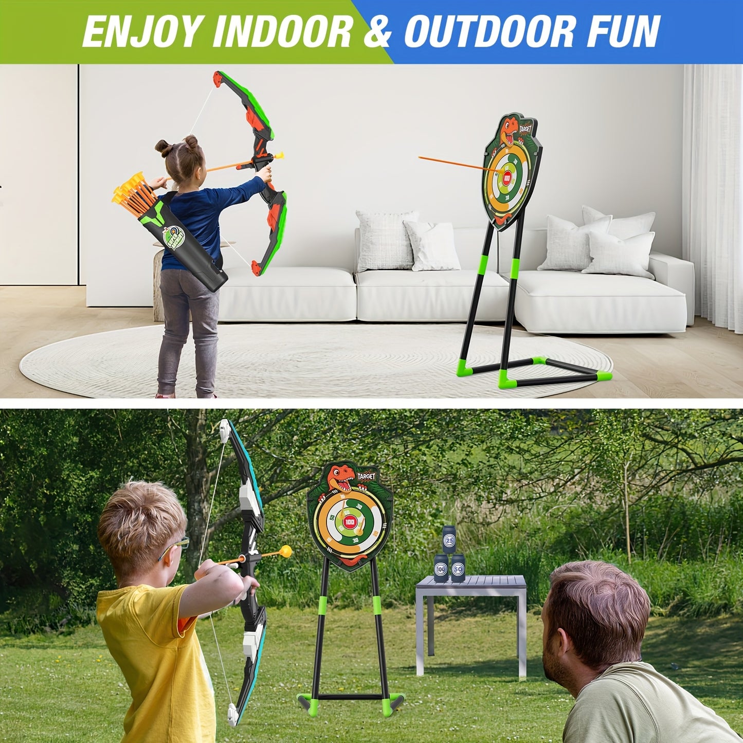 HYES 2 pezzi Arco e Freccia per Bambini, Set di Tiro con l'Arco con 24 Freccie a Ventosa, 1 pz Poggiatesta, 6 pz Bersagli di Punteggio e 2 pz Cestini, Regali Sportivi Indoor Outdoor per Bambini e Bambine dai 3 ai 8 Anni, Natale, Regalo di Compleanno