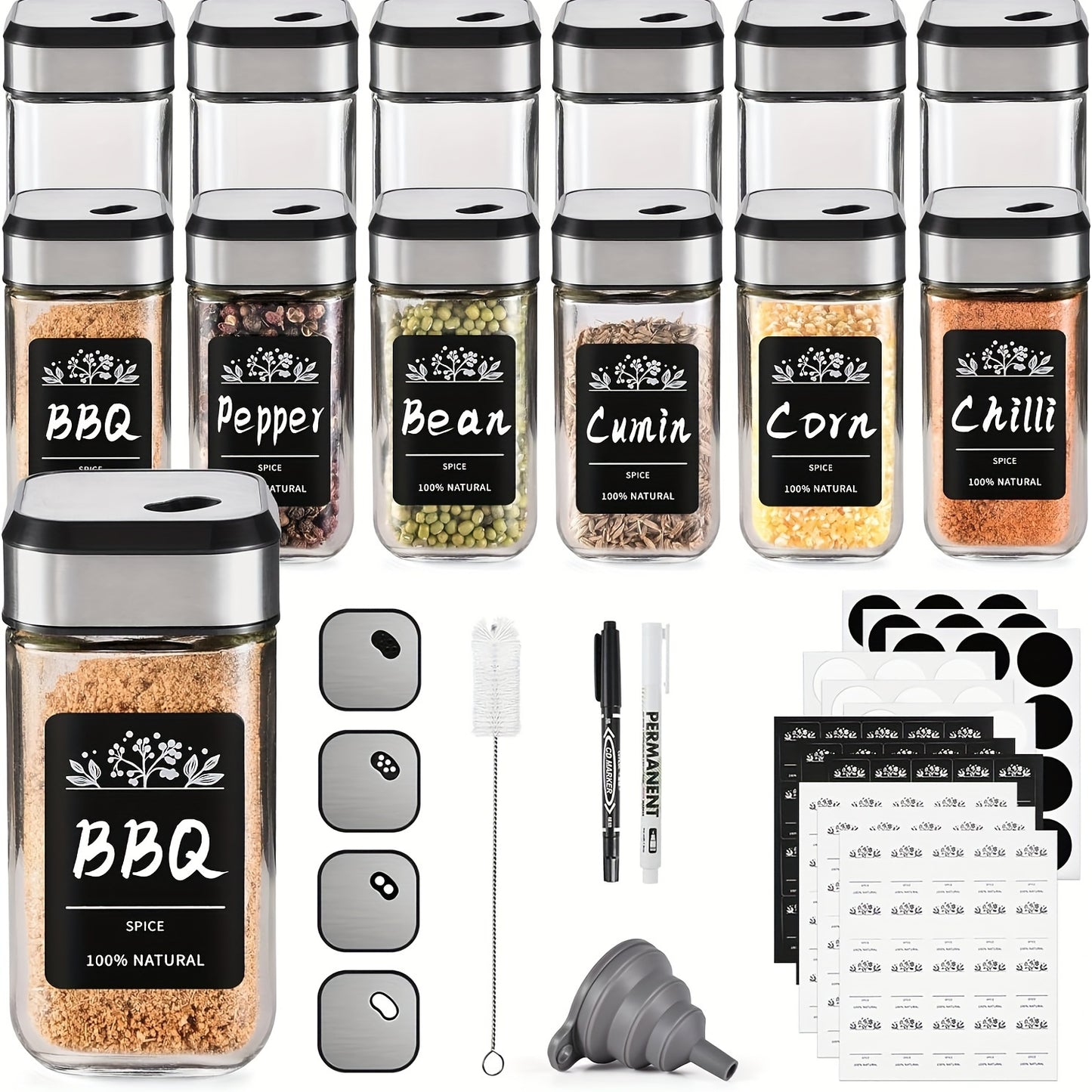 Barattoli quadri per spezie Miorkly con spruzzino integrato, 24 barattoli dosatori per spezie, set di barattoli per spezie da 120ml, scatola porta spezie, contenitori per spezie con coperchi girevoli con foro per spezie, con etichette, barattoli per spezi
