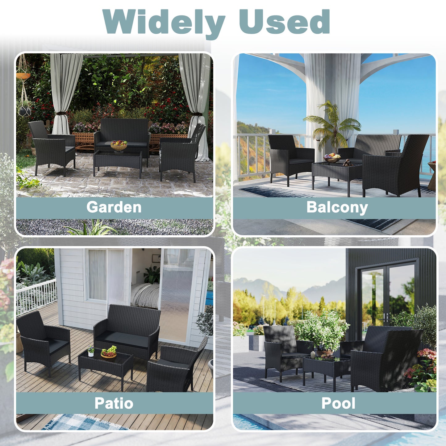Mobili da giardino in rattan poli per balcone - set con divano a 2 posti, sedie singole e tavolo, cuscini imbottiti antracite - colorazione lounge (cuscini imbottiti antracite)
