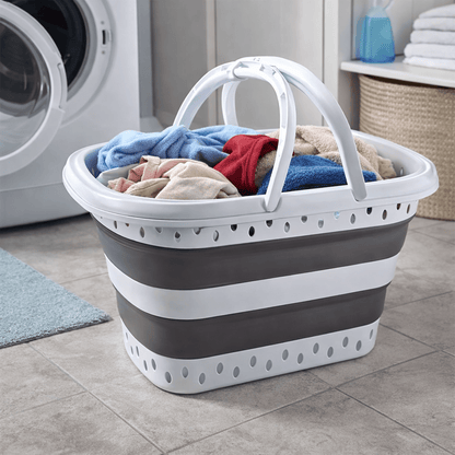 Cesto per il Bucato Retrattile e Pieghevole con Maniglie - 45 Litri - Bianco Grigio