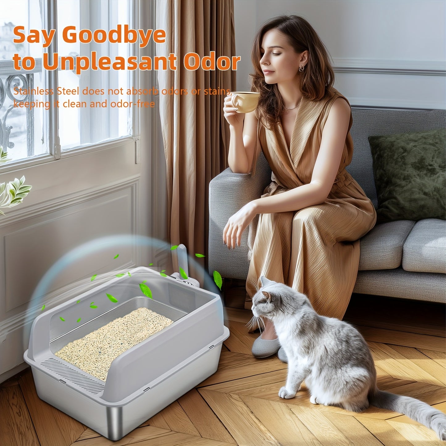 Lettiera per gatti extra large in acciaio inossidabile con coperchio - Misura XL, sponde alte, a prova di perdite, design facile da pulire, include paletta - Adatta per più gatti e razze di grandi dimensioni