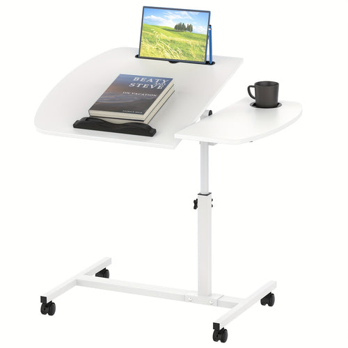 Scrivania Mobile con Ruote, Tavolo da Letto con Scrivania per Computer su Ruote, Tavolo Regolabile per Computer con Portaoggetti e Portabicchieri, Scrivania Bianca Pieghevole 60x40 cm