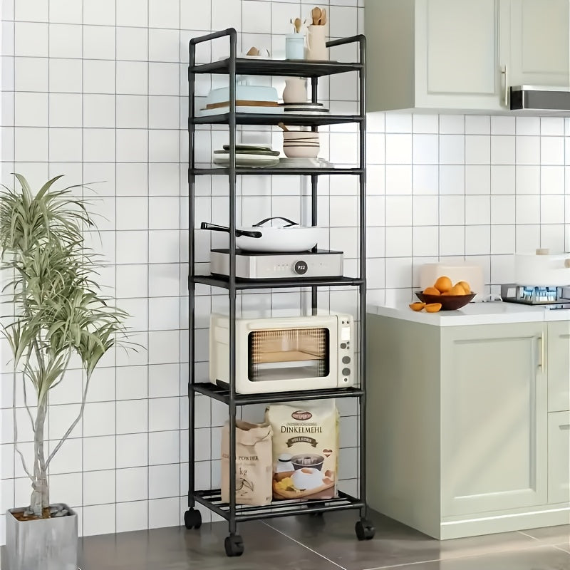 Carrello portaoggetti regolabile su ruote con 6 ripiani, dotato di ruote e ganci - Adatto per cucina, camera da letto, bagno, scaffalatura multifunzionale - Salvaspazio, scaffalatura multifunzionale | Design a scaffalatura aperta | Opzioni di archiviazion