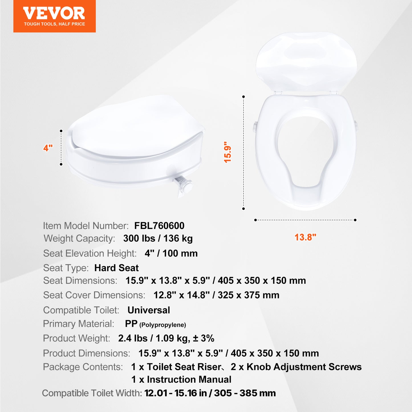 VEVOR Sedile del Water riservato, 4" Altezza riservata, Capacità di peso 300 libbre, Sedile del Water universale, Blocco della vite, con Sedile del Water, per Anziani, Disabili, Pazienti, Gravidi, Medico