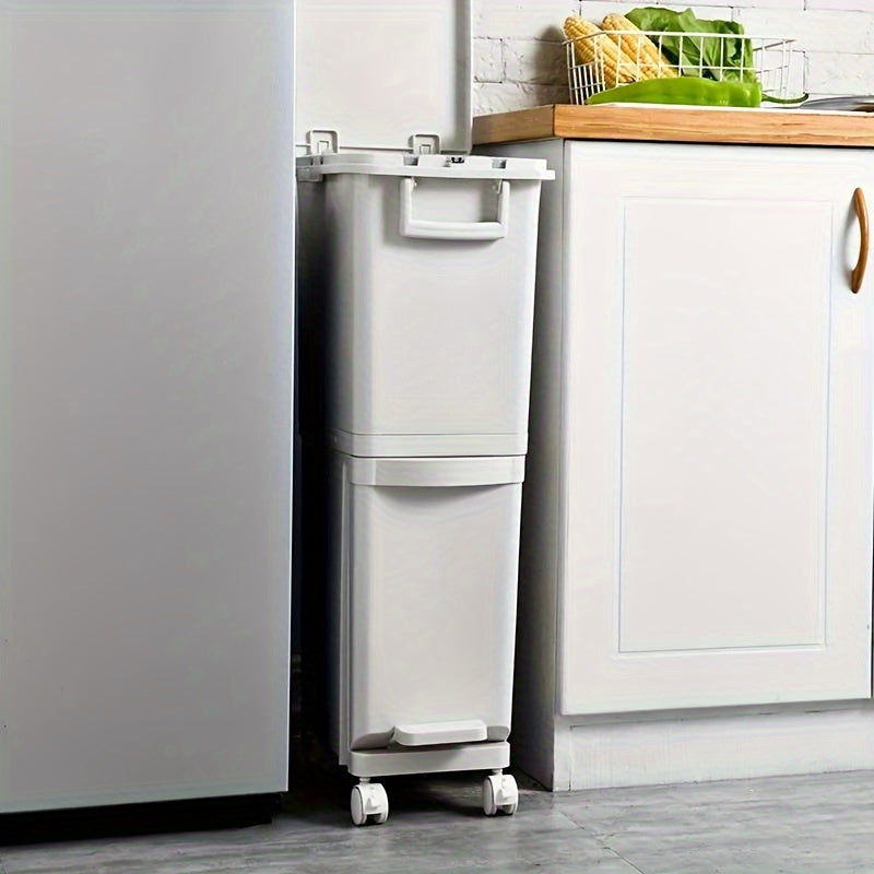 Pattumiera stretta da cucina da 32L con coperchio, raccolta differenziata con divisorio o doppi contenitori interni, a pedale per separazione di rifiuti asciutti e umidi, contenitore per rifiuti in plastica salvaspazio per cucina e bagno