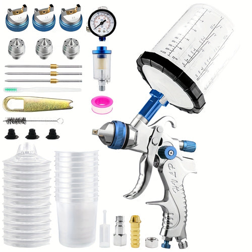 Pistola a spruzzo ad aria HVLP H2008 pneumatica con ugello da 1,4/1,7/2,0 mm, coppa da 650 ml non lavabile, manometro e filtro olio-acqua, bassa pressione d'aria e alta atomizzazione, adatta per automobili, case, mobili, fai da te e appassionati di pittur