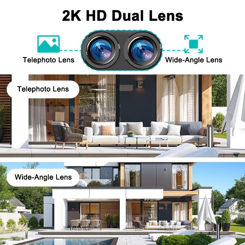 Telecamera di sicurezza 2K ad alta definizione con pannello solare, sistema di monitoraggio PTZ a doppia lente, faretto sportivo WiFi 2.4G, visione notturna a colori, chiamata bidirezionale, grandangolo ultra ampio, rilevamento del movimento PIR, audio bi