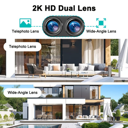 Telecamera di sicurezza 2K ad alta definizione con pannello solare, sistema di monitoraggio PTZ a doppia lente, faretto sportivo WiFi 2.4G, visione notturna a colori, chiamata bidirezionale, grandangolo ultra ampio, rilevamento del movimento PIR, audio bi