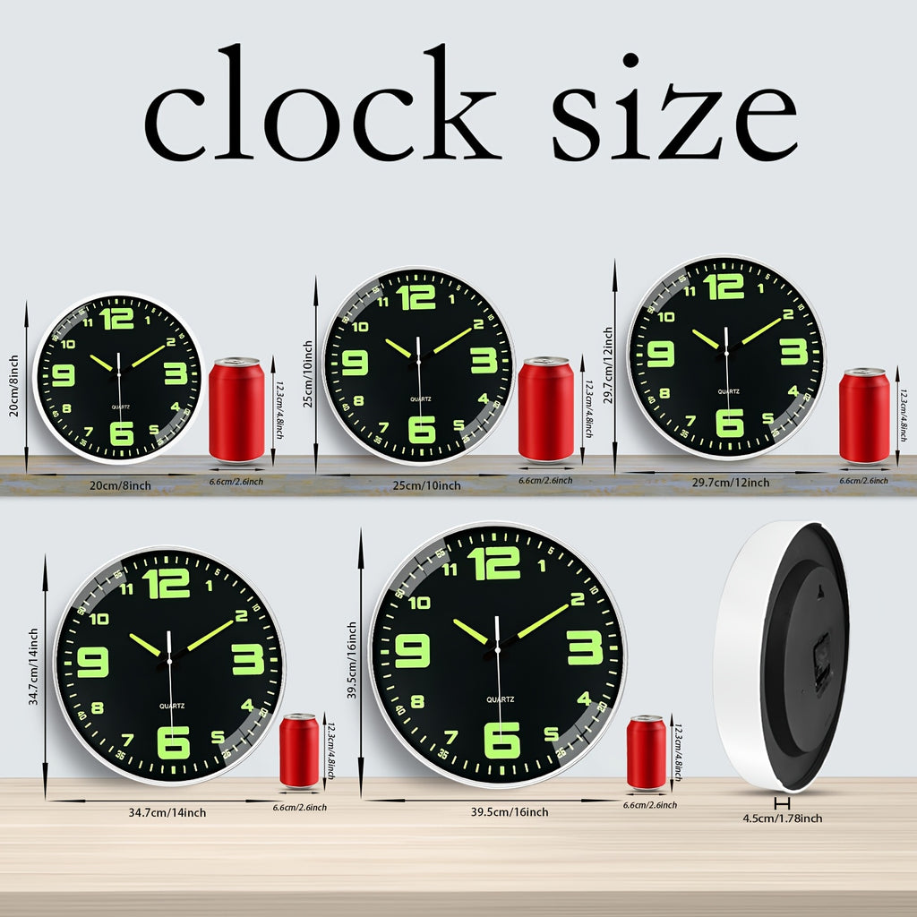 Orologio da parete silenzioso a 12 pollici con numeri che si illuminano al buio, numeri e lancette luminose che assorbono l'energia, 20,32-40,64 cm, in plastica senza ticchettio, a batteria, per soggiorno, camera da letto, ufficio, decorazioni da parete,
