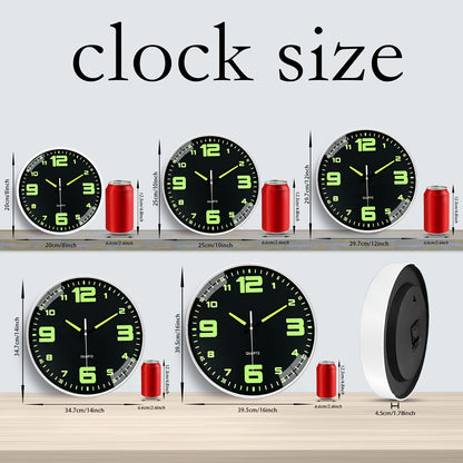 Orologio da parete silenzioso a 12 pollici con numeri che si illuminano al buio, numeri e lancette luminose che assorbono l'energia, 20,32-40,64 cm, in plastica senza ticchettio, a batteria, per soggiorno, camera da letto, ufficio, decorazioni da parete,