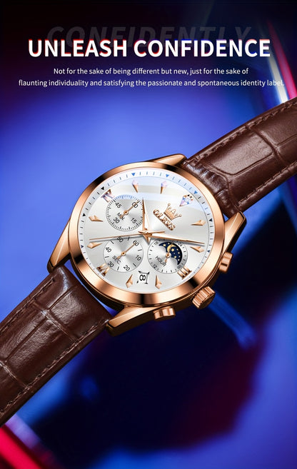 OLEVS Orologio da Uomo Classico Cronografo Cuoio Marrone Cassa Dorata Analogico Quarzo Moda Business Abito Quadrante Grande Orologio da Uomo Giorno Data Luminoso Casual Orologio da Polso Maschile Regali Romantici Relojes De Hombre Quadrante Blu/Nero/Bianc