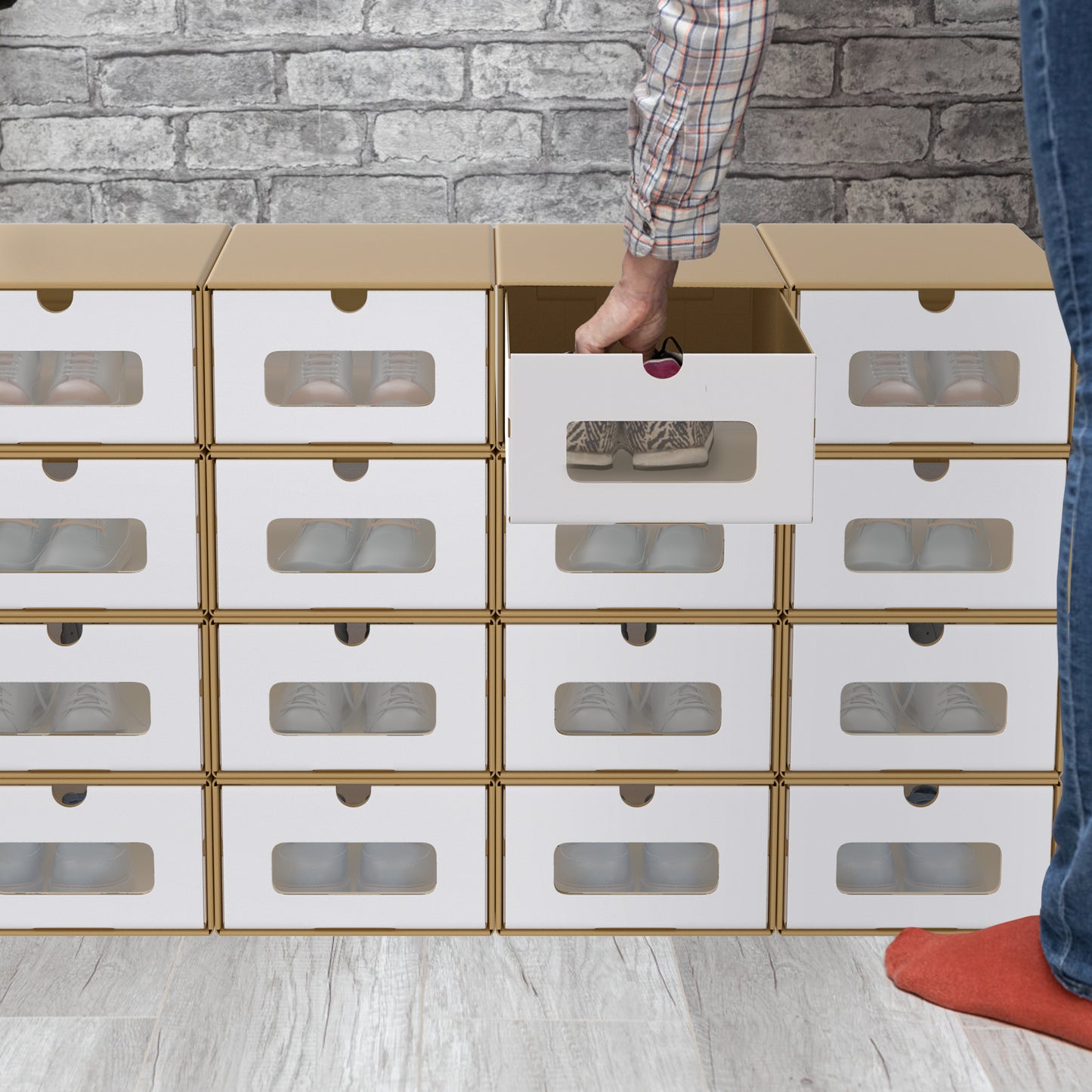 Scatole Rettangolari Impilabili con Cassetto Estraibile e Finestra Trasparente, Organizzatore in Carta Kraft per Scarpe, Abbigliamento e Accessori (10pz/20pz)