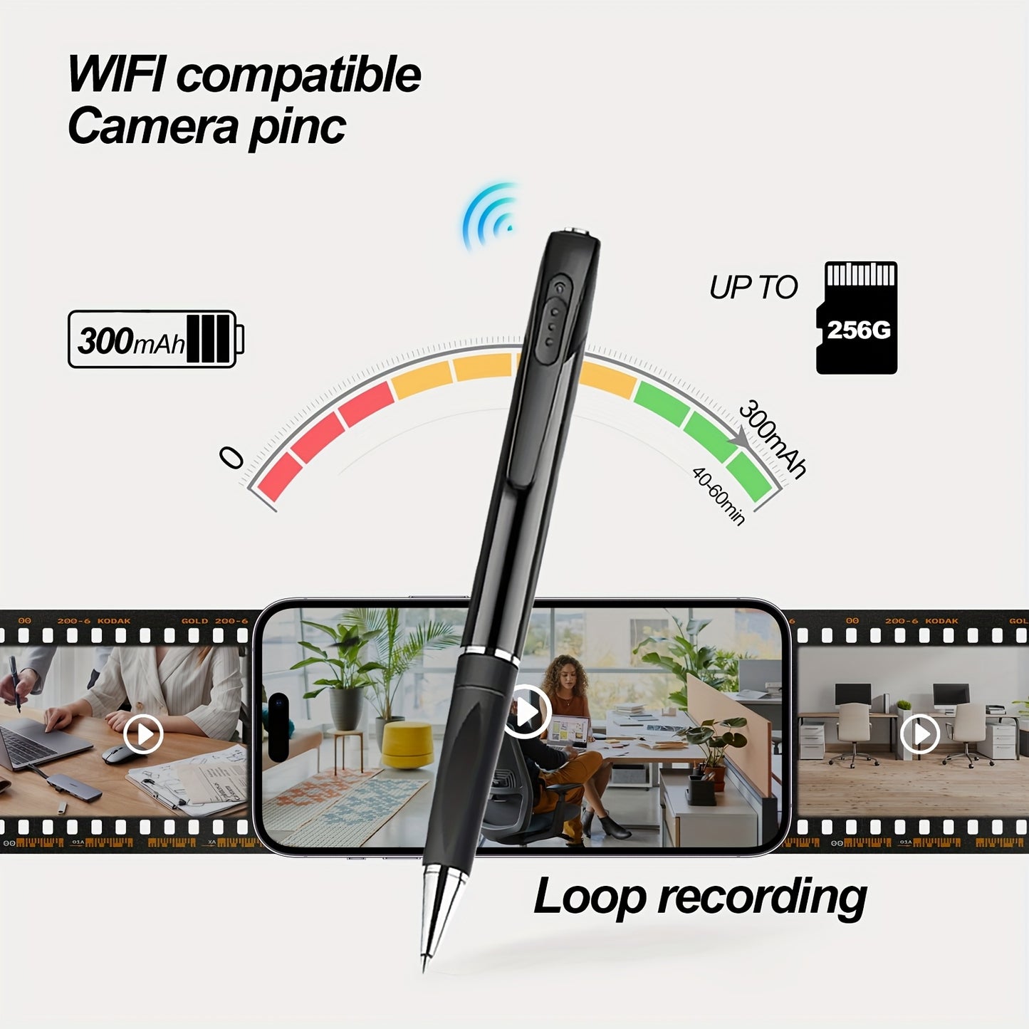 1080P Fotocamera a Forma di Penna Portatile con Batteria Integrata, Registrazione Video Intelligente con Rilevamento Movimento AI, Lunga Autonomia, Scrittura, Riporto Riunioni e Lezioni, Supporto fino a Scheda SD 256G