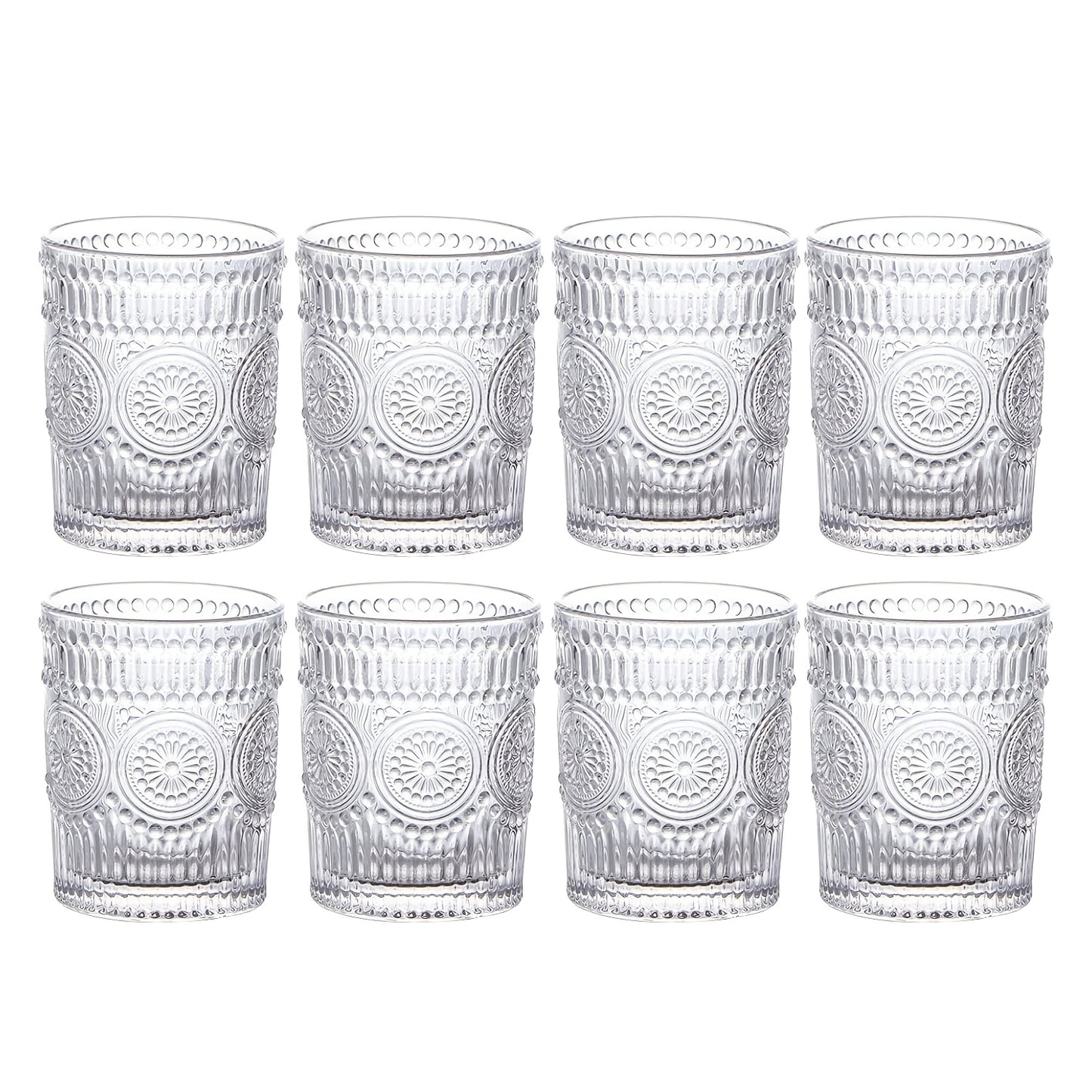 Magazzino Locale, 8 pezzi di bicchieri d'acqua romantici in vetro, bicchieri con motivo a girasole, bicchieri retrò, adatti per succhi, bevande, birra, cocktail 300ml/10oz