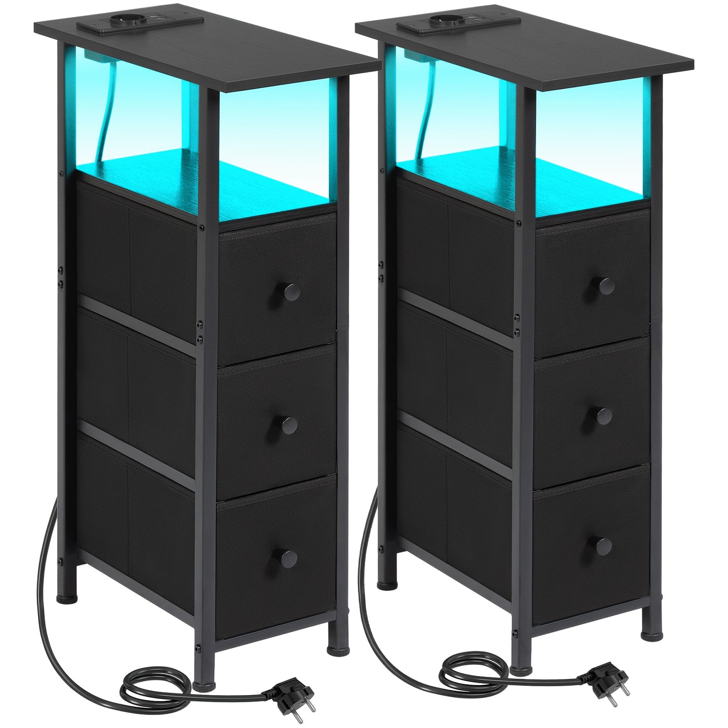 AMHANCIBLE 2 Pezzi Tavolino Stretto con 3 Cassetti in Tessuto, Scaffale Aperto con Striscia LED e Stazione di Ricarica per Spazi Piccoli, Struttura in Metallo