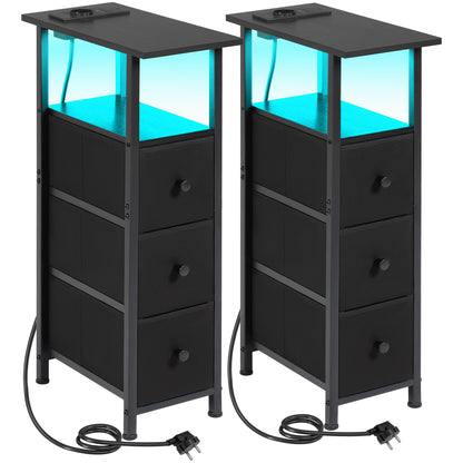 AMHANCIBLE 2 Pezzi Tavolino Stretto con 3 Cassetti in Tessuto, Scaffale Aperto con Striscia LED e Stazione di Ricarica per Spazi Piccoli, Struttura in Metallo