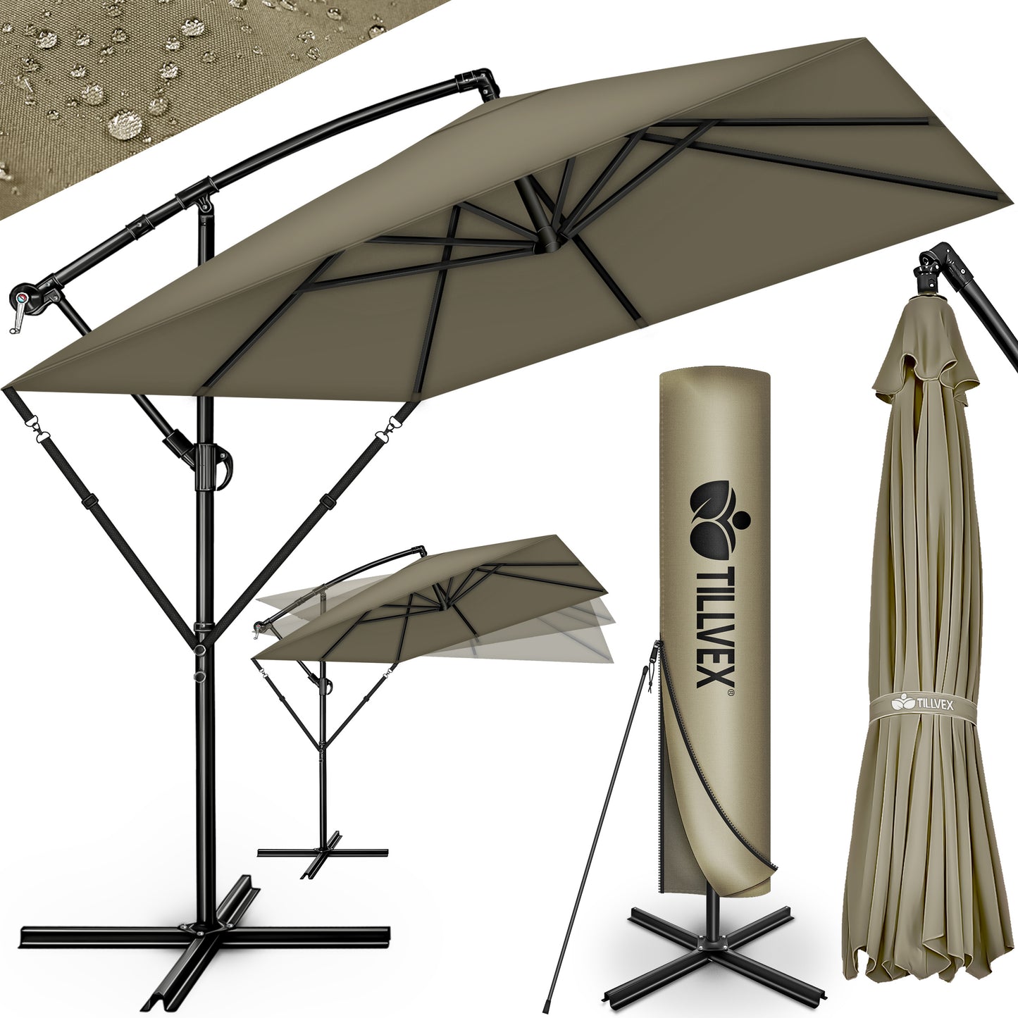Tillvex® Parasole Rettangolare in Alluminio Ø 330 Cm + Copertura con Manovella | Schermo Angolare a Luce Rossa con Supporto & Parabrezza | Grande Parasole da Giardino in Alluminio Protezione UV | Schermo con Manovella Impermeabile Girevole a 360° per Terr