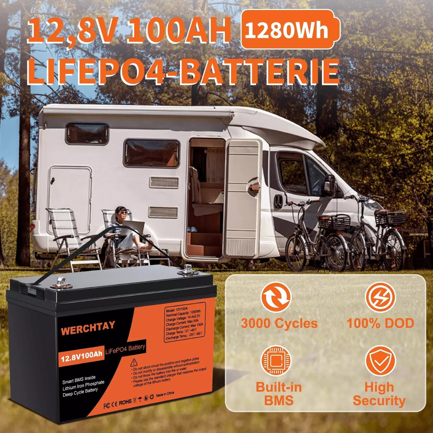 Confezione da 1/2/4 Batteria al Litio Ferro Fosfato, Batteria LiFePO4 12.8V con BMS Intelligente 25.000+ Cicli di Scarica Profonda, 1280Wh Protezione a Bassa Temperatura Integrata, Batteria Marina Adatta per Elettrodomestici, Camper Solari, Accumulo di En