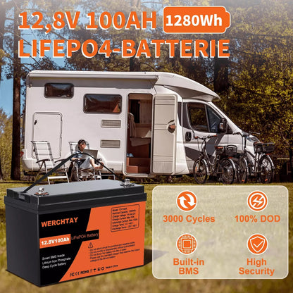 Confezione da 1/2/4 Batteria al Litio Ferro Fosfato, Batteria LiFePO4 12.8V con BMS Intelligente 25.000+ Cicli di Scarica Profonda, 1280Wh Protezione a Bassa Temperatura Integrata, Batteria Marina Adatta per Elettrodomestici, Camper Solari, Accumulo di En