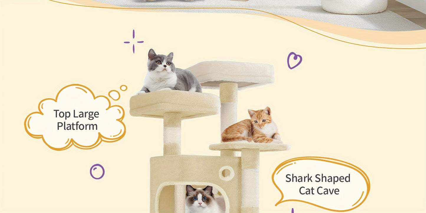 Torre per gatti beige, alta 159 cm con 8 tiragraffi, 3 livelli, 2 rifugi, un cesto, palline di peluche e corda in sisal, ideale per gatti di diverse dimensioni
