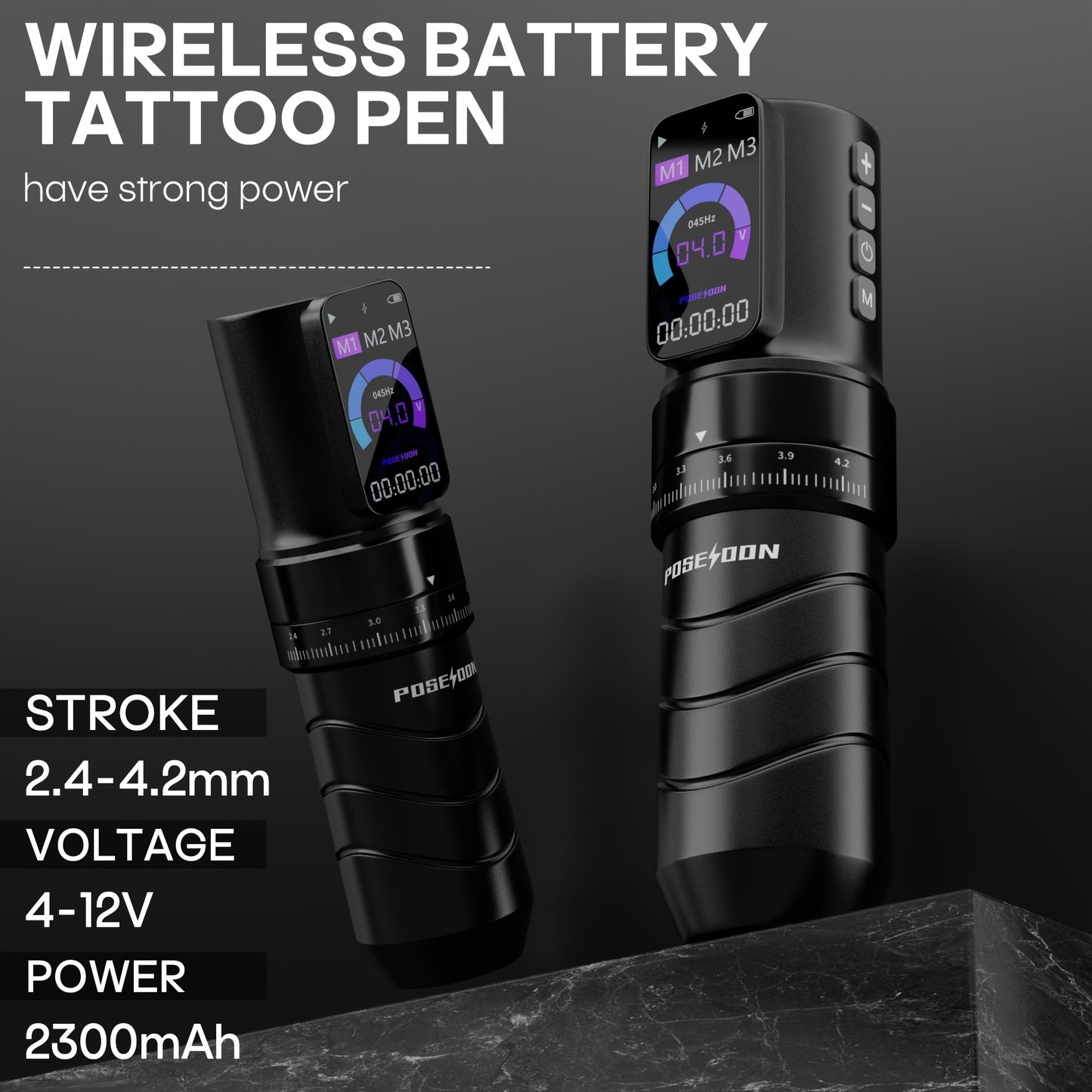 POSEIDON Kit Completo per Tatuaggi Wireless con 10 Aghi e Alimentatore - Pistola Rotary Professionale per Principianti, Penna con Display LCD, Compatibile con Aghi a Cartuccia (Adattatore Non Incluso) - Attrezzatura per Tatuaggi per Aspiranti