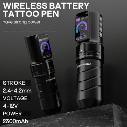 POSEIDON Kit Completo per Tatuaggi Wireless con 10 Aghi e Alimentatore - Pistola Rotary Professionale per Principianti, Penna con Display LCD, Compatibile con Aghi a Cartuccia (Adattatore Non Incluso) - Attrezzatura per Tatuaggi per Aspiranti