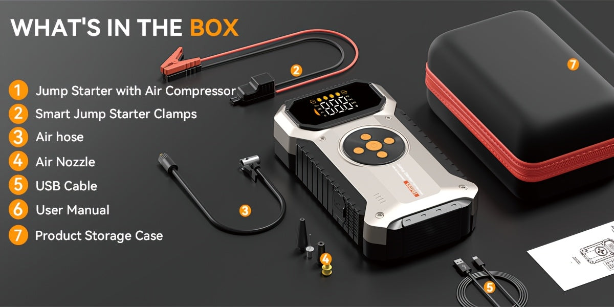 Power Bank Avviatore 12000mAh con Compressore d'Aria 150 PSI, Booster Batteria Auto 12V 6000 A con Pompa d'Aria per Benzina 7.5L o Diesel 6.0L, Scatola Avviamento Portatile 5-in-1 con Display LCD e Luci LED, Avviatore con Compressore d'Aria