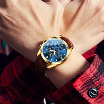 OLEVS Orologio da Uomo Classico Cronografo Cuoio Marrone Cassa Dorata Analogico Quarzo Moda Business Abito Quadrante Grande Orologio da Uomo Giorno Data Luminoso Casual Orologio da Polso Maschile Regali Romantici Relojes De Hombre Quadrante Blu/Nero/Bianc
