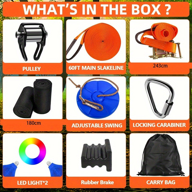 Set da 9 pezzi per ziplining in giardino, include kit scivolo zipline da esterno, puleggia stretta con gancio triangolare, set cintura piatta arancione stretta, altalena blu in ABS, borsa nera, portachiavi blu e set di giocattoli da esterno