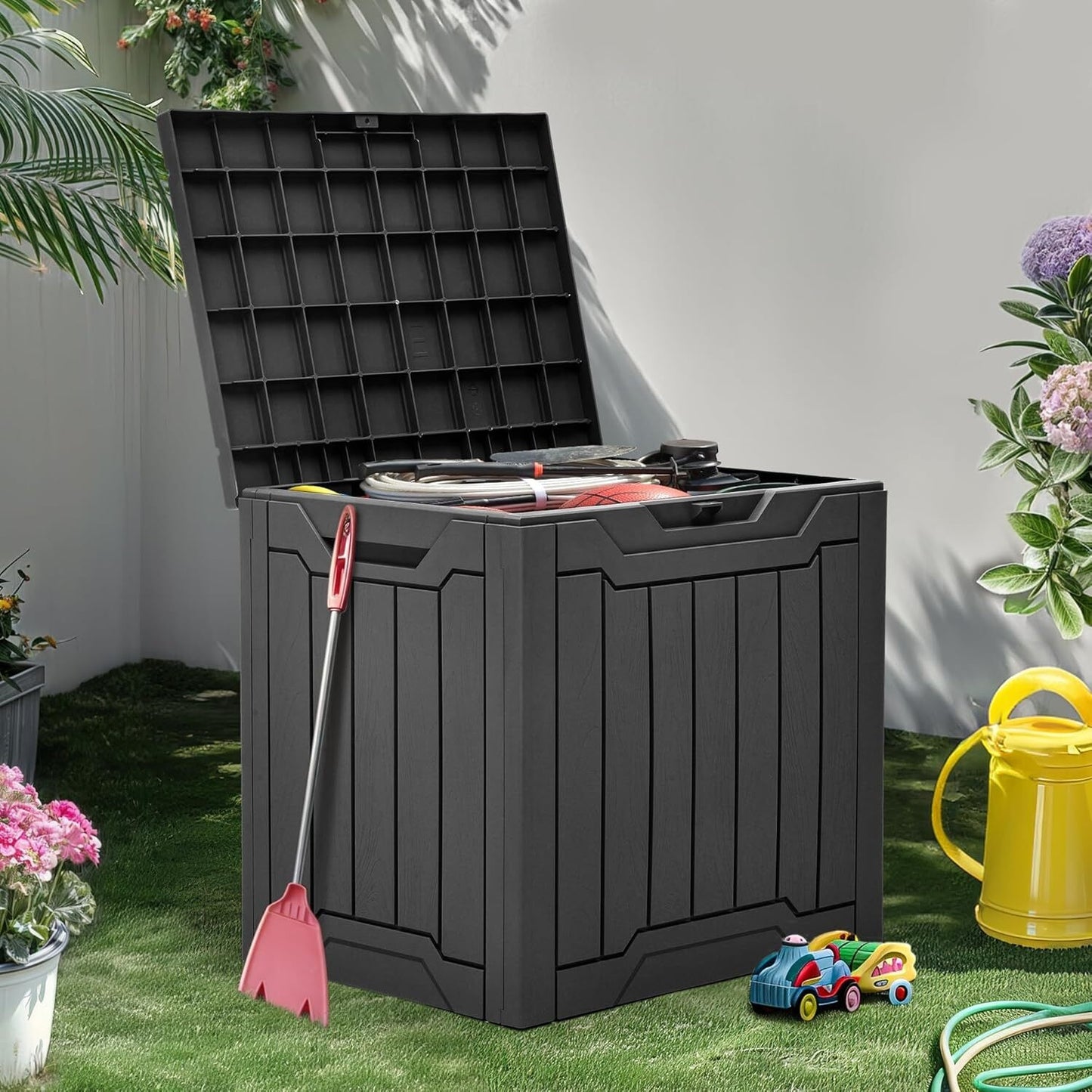 Scatola portaoggetti da esterno in resina da 117.35 L, contenitore da terrazza, organizer bloccabile per cuscini da patio ed attrezzatura da giardino