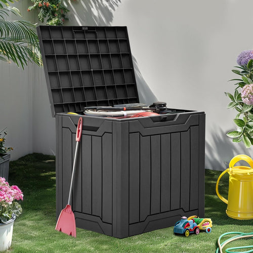 Scatola portaoggetti da esterno in resina da 117.35 L, contenitore da terrazza, organizer bloccabile per cuscini da patio ed attrezzatura da giardino