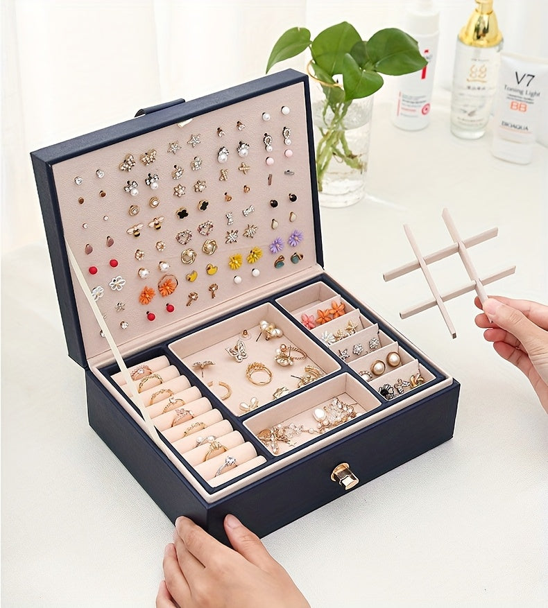 Organizzatore di gioielli di lusso a più livelli con ampio spazio per collane, orecchini, borchie, bracciali e altro, realizzato in ecopelle