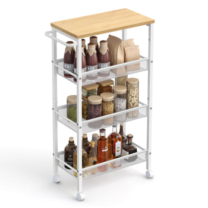 Carrello a 4 Ripiani, Carrello da Cucina con Ruote Salvaspazio, Struttura in Acciaio, Maniglia, Ideale per Piccoli Spazi - Cucina, Bagno, Soggiorno e Studio