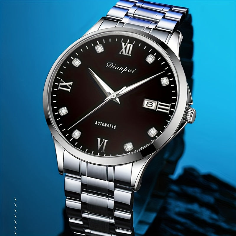 Orologio meccanico automatico da uomo Dianpai, sottile in acciaio inossidabile con quadrante luminoso e calendario, regalo ideale per uomo, senza batteria