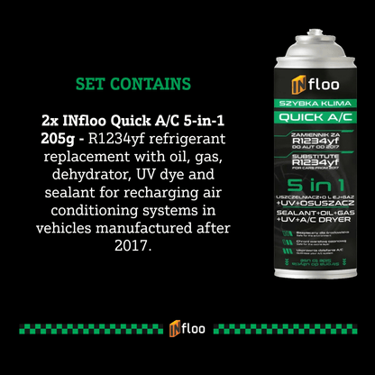 INfloo Set da 2x QUICK A/C R1234yf 5-in-1 Gas, Sigillante, UV, Essiccatore, Refrigerante per Auto dal 2017, Ricarica Autoservizio Aria Condizionata, Raffreddamento Istantaneo, Sigillatura e Rilevamento Perdite Inclusi nella Confezione