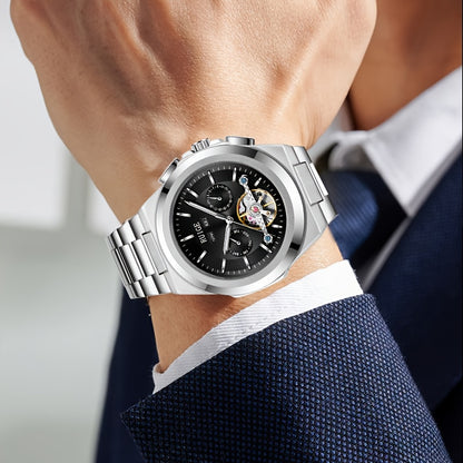 Orologio da uomo elegante automatico meccanico con cinturino in acciaio inossidabile, con funzioni business e sportive, display multipli, calendario, lancette luminose e design scheletrato. Un regalo perfetto per uomo.