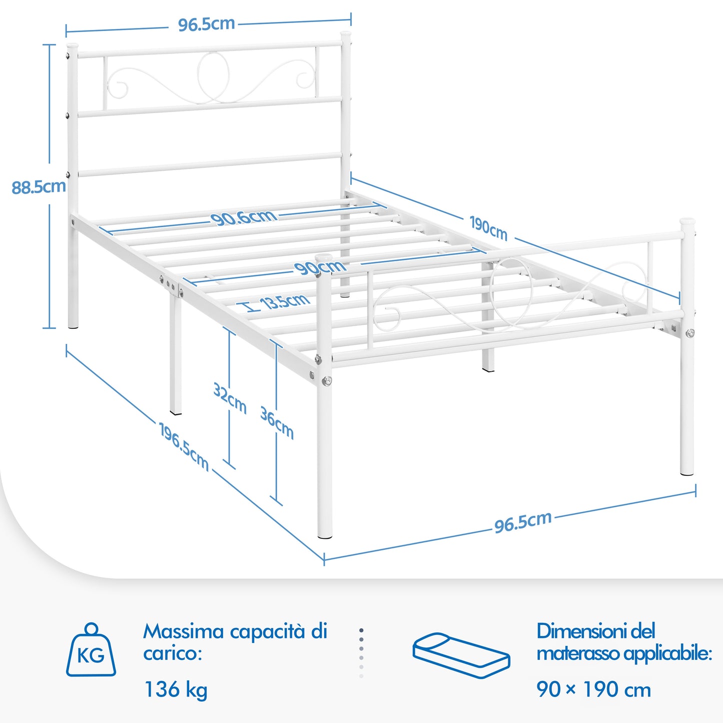Costoffs Struttura Letto Stile Rustico Moderno in Metallo con Testiera Elegante e Pediera per Appartamento Camera da Letto Stanza degli Ospiti Studio