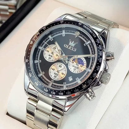 OLEVS Orologi da Uomo con Quadrante Fase Lunare Acciaio Inossidabile/Cinturino in Pelle Cronografo Lusso Business Abito Analogico Quarzo Orologi da Uomo Classici Casual Eleganti Orologi da Polso Quadrante Luminoso Nero/Bianco/Blu/Verde