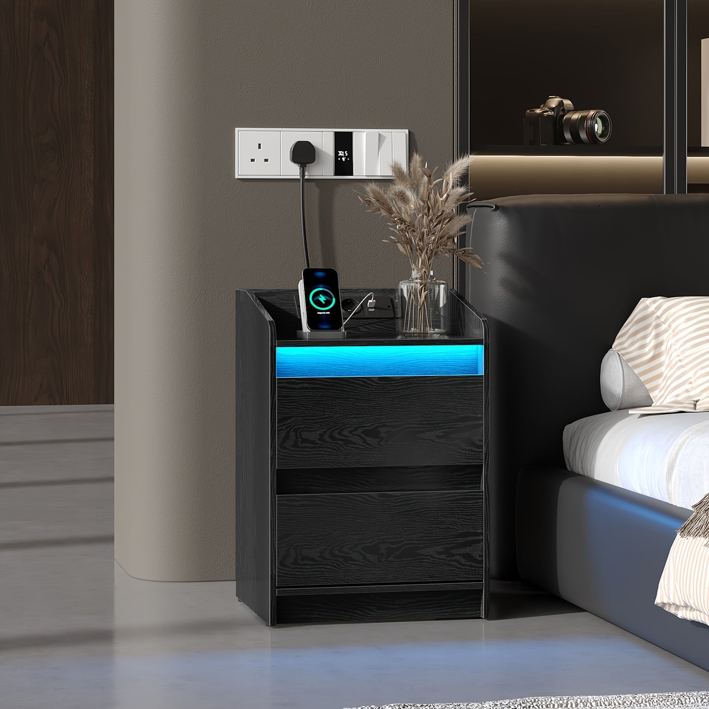 Comodino con 2 Cassetti, Tavolino Laterale, Elegante e Versatile, Ideale per Soggiorno e Camera da Letto, Nero/Bianco