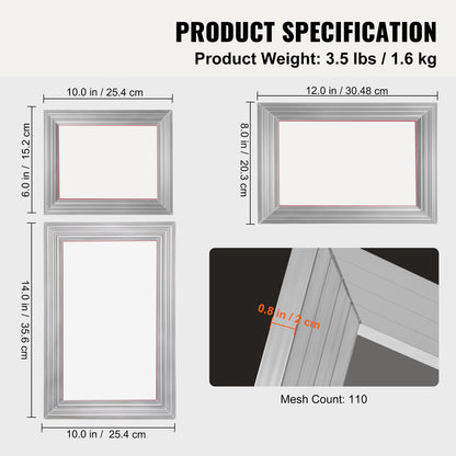 Kit di stampa a schermo VEVOR, 3 cornici in alluminio per stampa a schermo 6x10/8x12/10x14 pollici, 110 rete, 5 glitter e spatole per stampa a schermo e pellicole trasparenti per stampa DIY su magliette