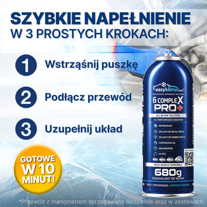 Kit 2x EasyKlima 6 Complex PRO+ R134a 6 in 1, due preparati per aria condizionata automobilistica, bombola da 680 g, agente di ricarica per impianti, sigillante per gomma e metallo, olio per compressore, essiccante per riduzione umidità, colorante UV per