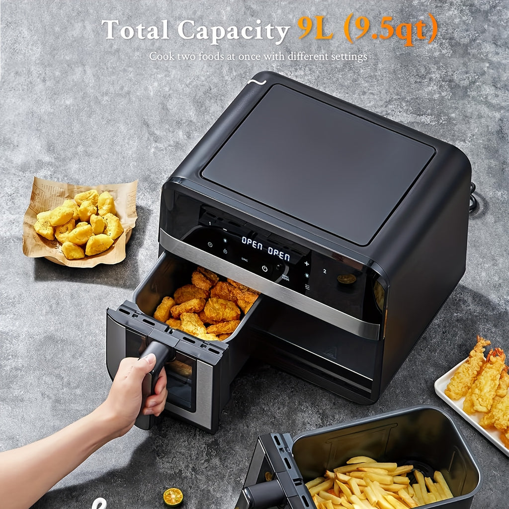 Friggitrice ad Aria Doppia da 9L con Finestra Visiva, 8 Preimpostazioni di Cottura, Touch Screen, Display LED, Friggitrice Digitale a Doppia Zona con Ricettario, Timer e Controllo della Temperatura, Antiaderente