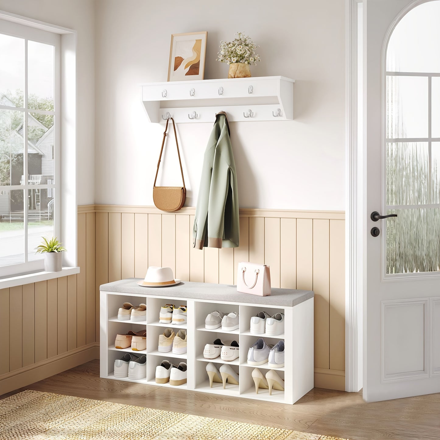Set scarpiera per armadio, appendiabiti, divanetto scarpe con cuscino, divano d'ingresso, organizzazione e stoccaggio, 30 X 104 X 49 cm, appendiabiti a parete con 9 ganci, camera da letto, area ingresso, bianco e grigio