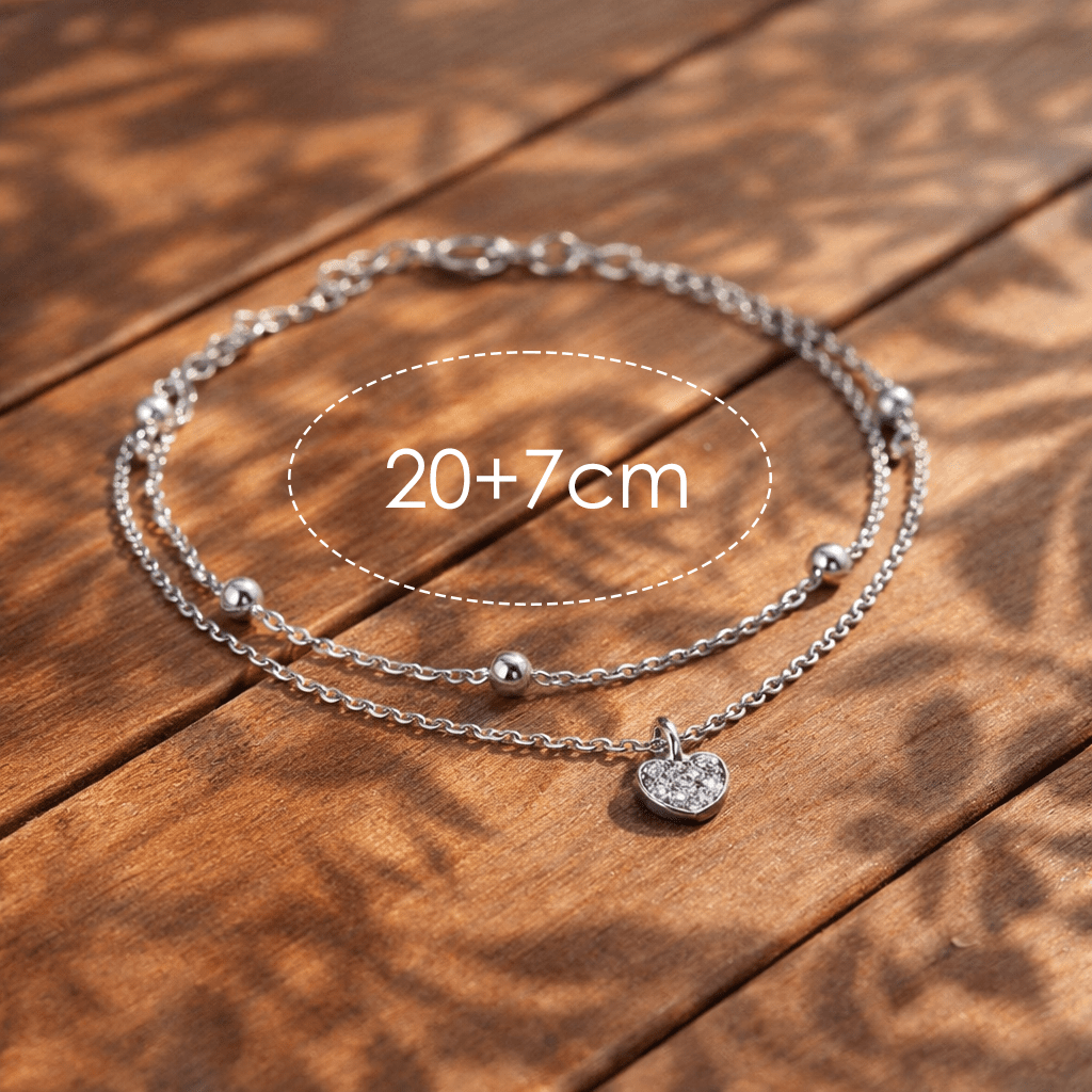 Catena alla caviglia da donna placcata in argento 925, a 2 strati con ciondolo a cuore Strass, elegante gioiello estivo da spiaggia, catena alla caviglia regolabile in stile boho, 20+7 cm, regalo per donne